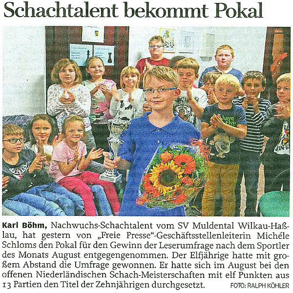 Schachtalent bekommt Pokal - 24.09.2016